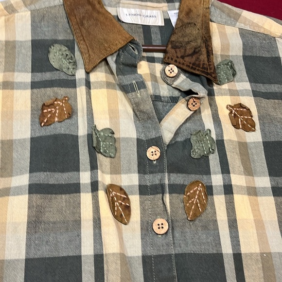 Lemon grass FALL LEAVES autumn thanksgivjng plaid SHIRT leather collar size 20 - Picture 6 of 16